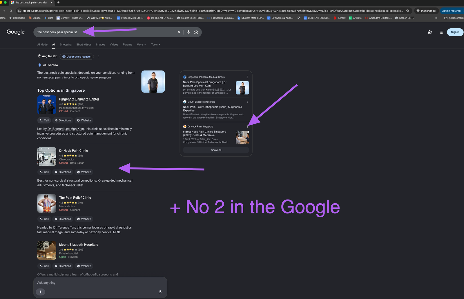 Google AI Overview in Singapore naming Dr Neck Pain Clinic second for best neck pain specialist, with its guide cited